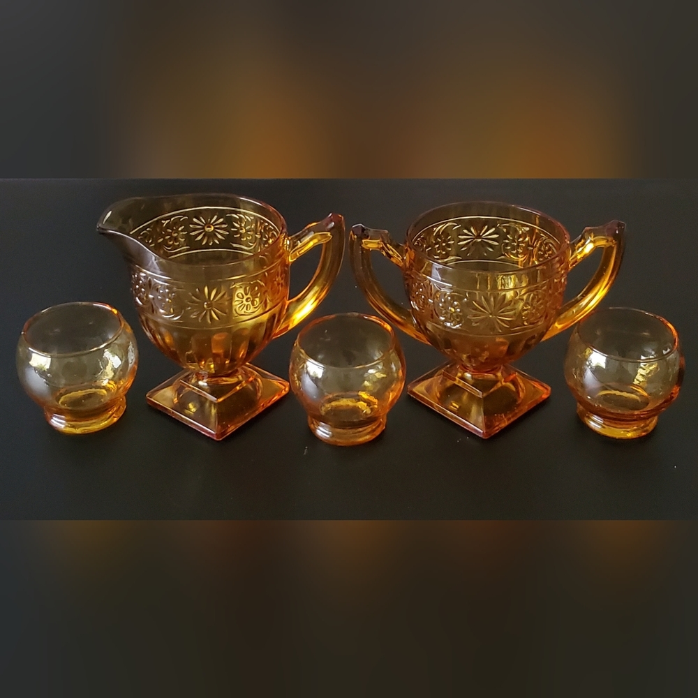1940s "Daisy Amber" 8oz Pitcher/Creamer & Open Sugar + 3 Amber Tealight Holders